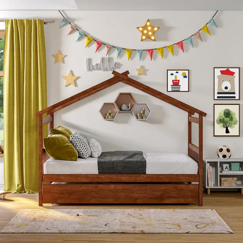 Wooden Full House Day Bed with Trundle