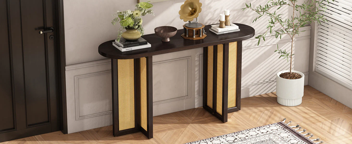 Walker Edison | Farmhouse Rattan Console Table Entryway Table