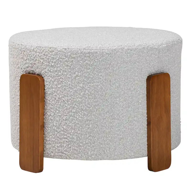 Modern Japandi Boucle Fabric and Wood Ottoman Footstool