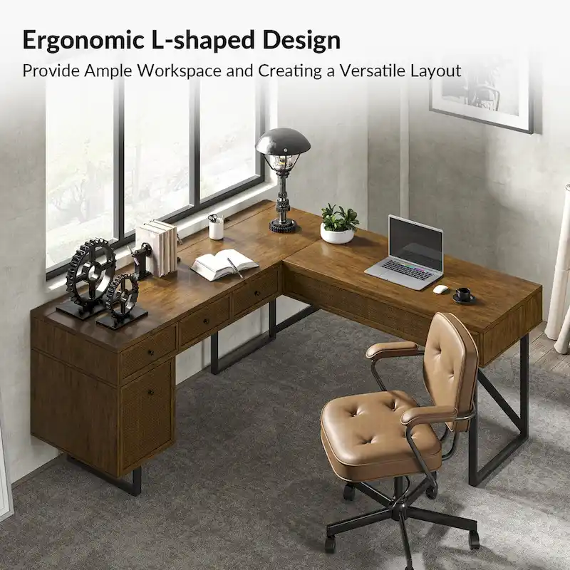 Alfons Industrial L-shaped Lift Top Cane Executive Office Desk with Drawers and Built-In Outlets by