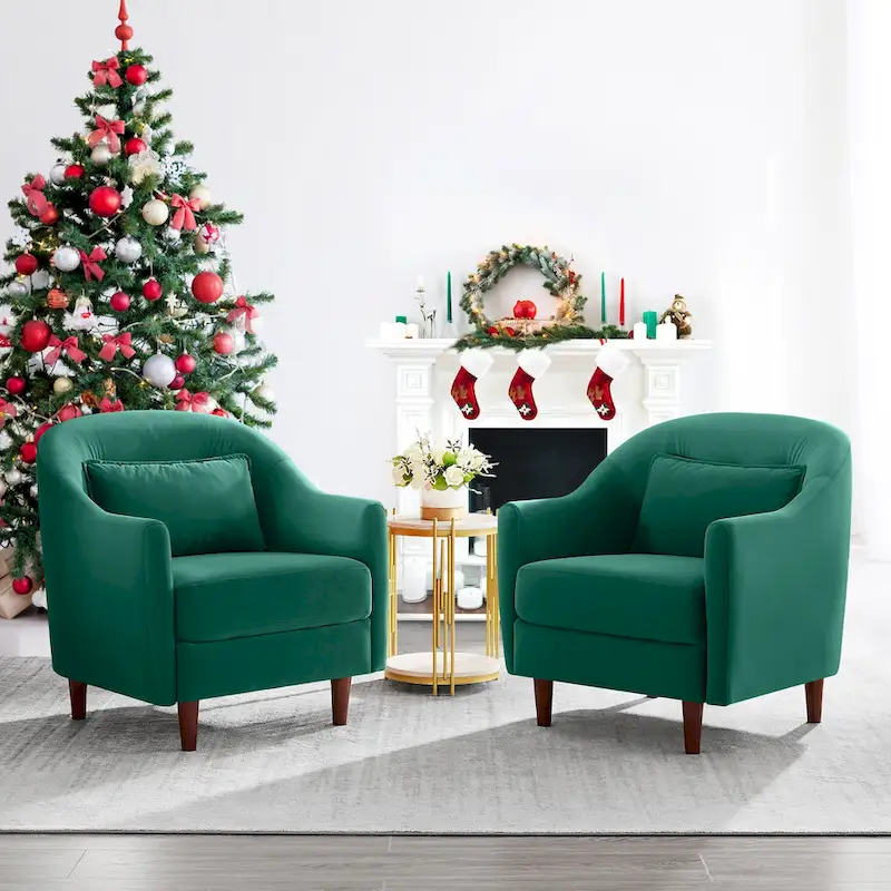 28.34W Set Of 2 Accent Armchair, Velvet Barrel Chair with Solid Wood Legs