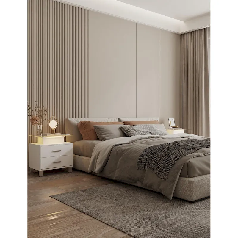 Nightstand with LED Lights & Charging Station – White, 2 Drawers, Single