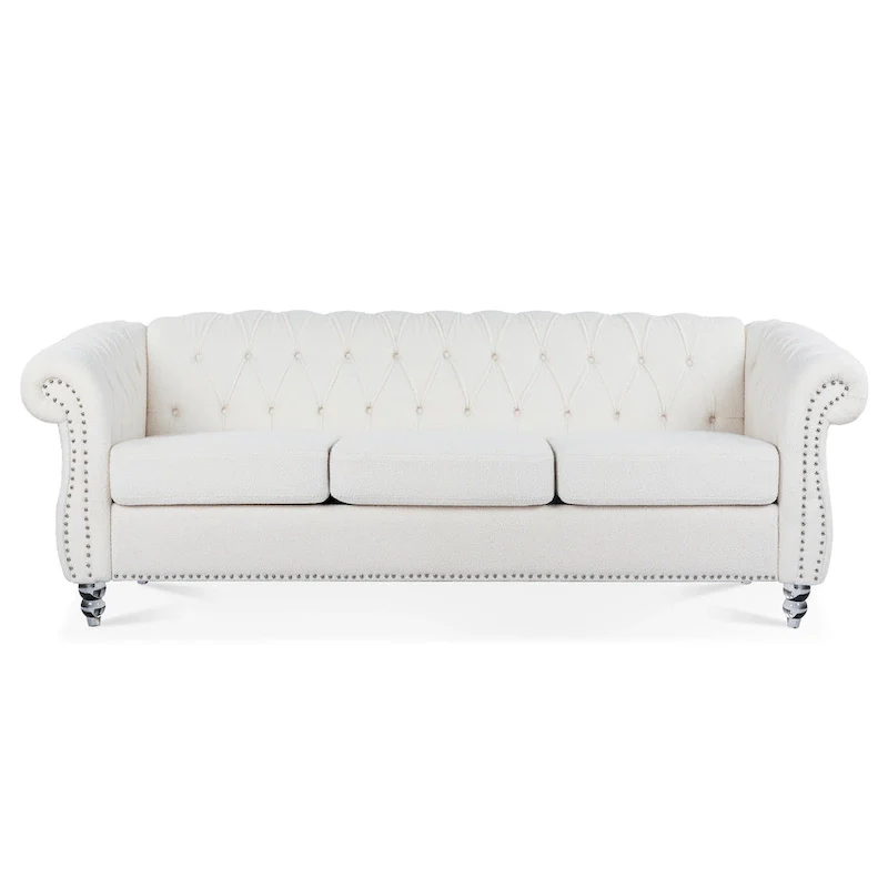 3-Seater Sofa, Button-Tufted, Rolled Arms, Nailhead Trim, Low Back, Upholstered, Seats 3, White