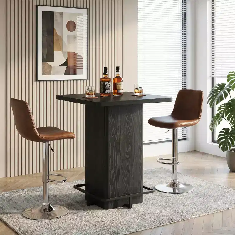 MAYEERTY 31.5 Minimalist Square Bar Table, Dark Wood-Grain MDF Top with Sturdy Pedestal & Metal Footrest, Compact 2-4 Person Home Pub Table