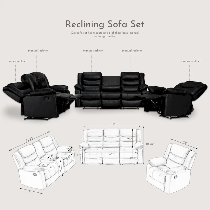 Manual Reclining 3-Piece Living Room Sofa Set - Sofa with Dropdown Table, Loveseat with Console, and Recliner