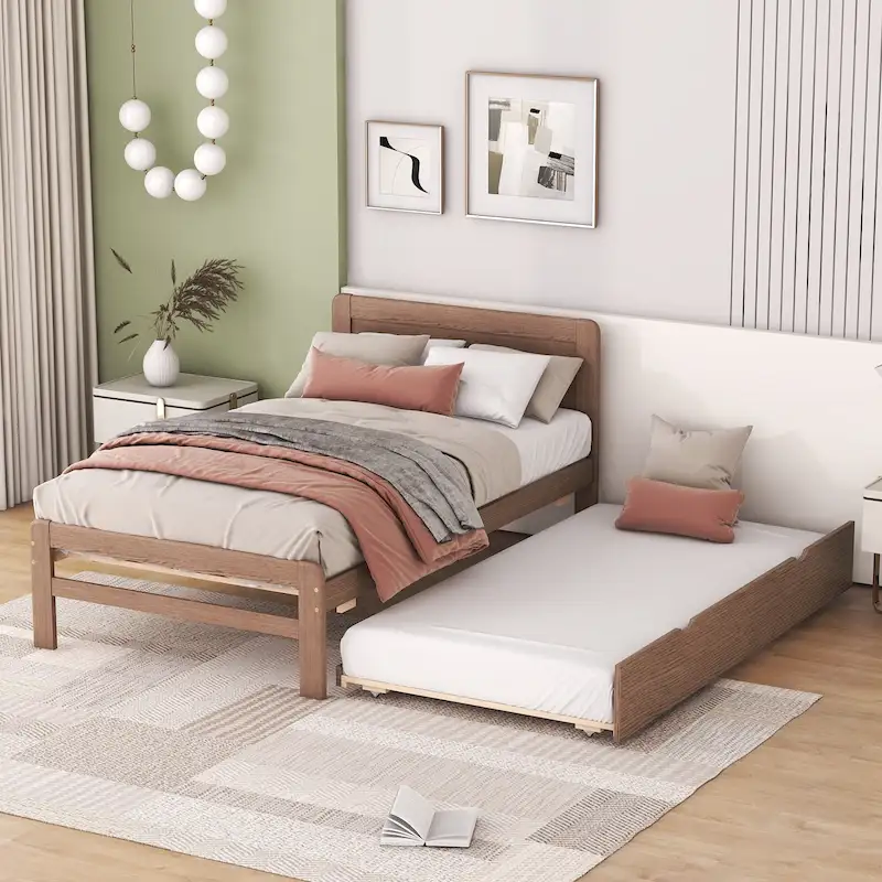 Brown Twin Platform Bed Frame in Solid Wood with Trundle and Modern Wood Headboard