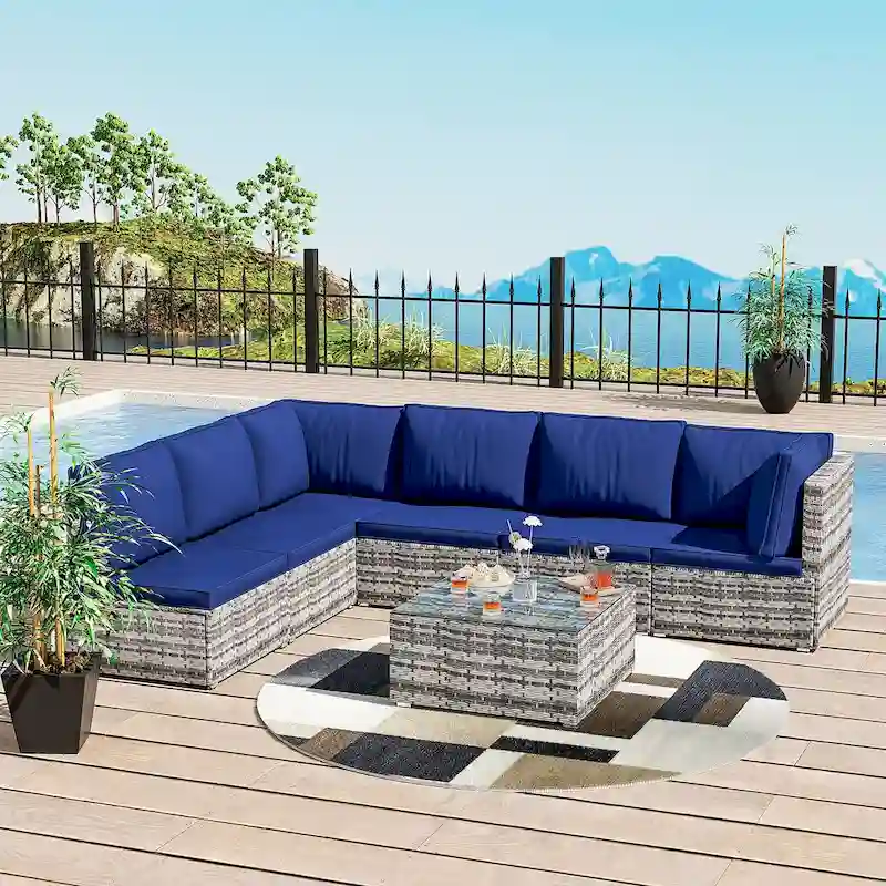 7-Piece Wicker Patio Conversation Set with Cushions and Glass Table
