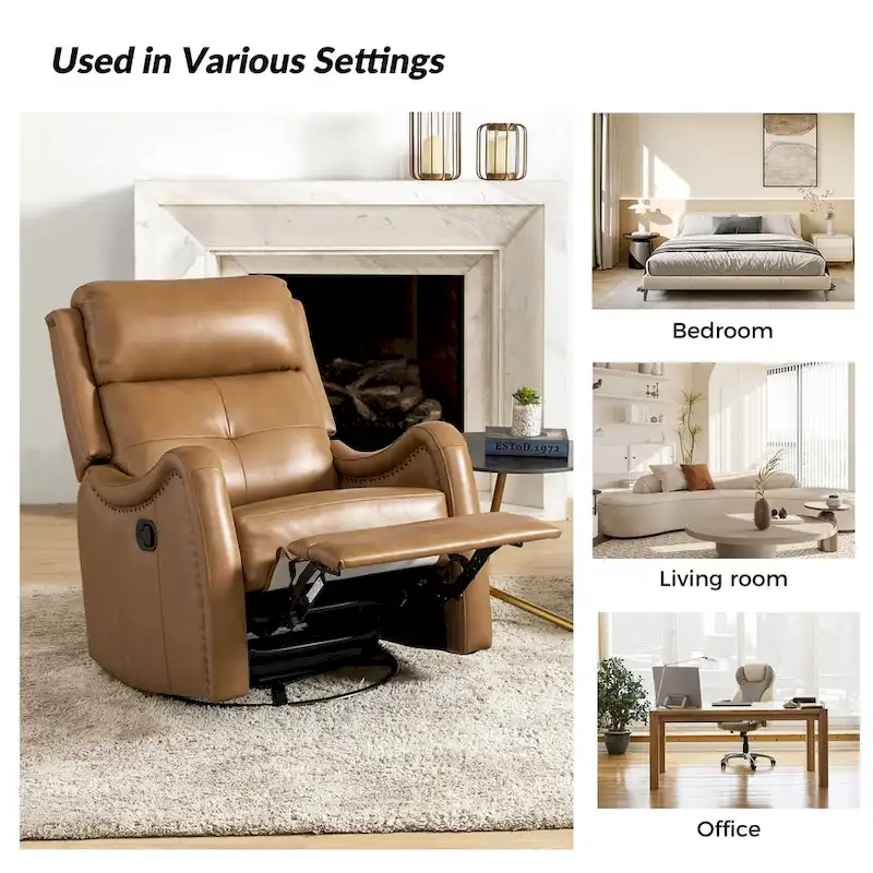 Genuine Leather Swivel Rocker Recliner with Nailhead Trims by