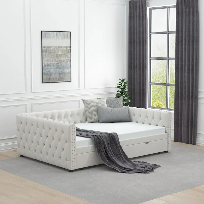 Daybed with Trundle Velvet Upholstered Tufted Sofa Bed, with Button and Copper Nail onSquare Arms,Full Daybed & Twin Trundle
