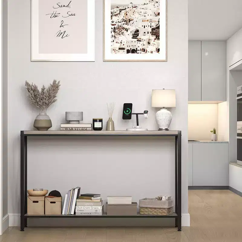2-Tier Narrow Console Sofa Side Table, Premium Entryway Furniture, 42.9 x 9.8 x 29.9 (Gray )