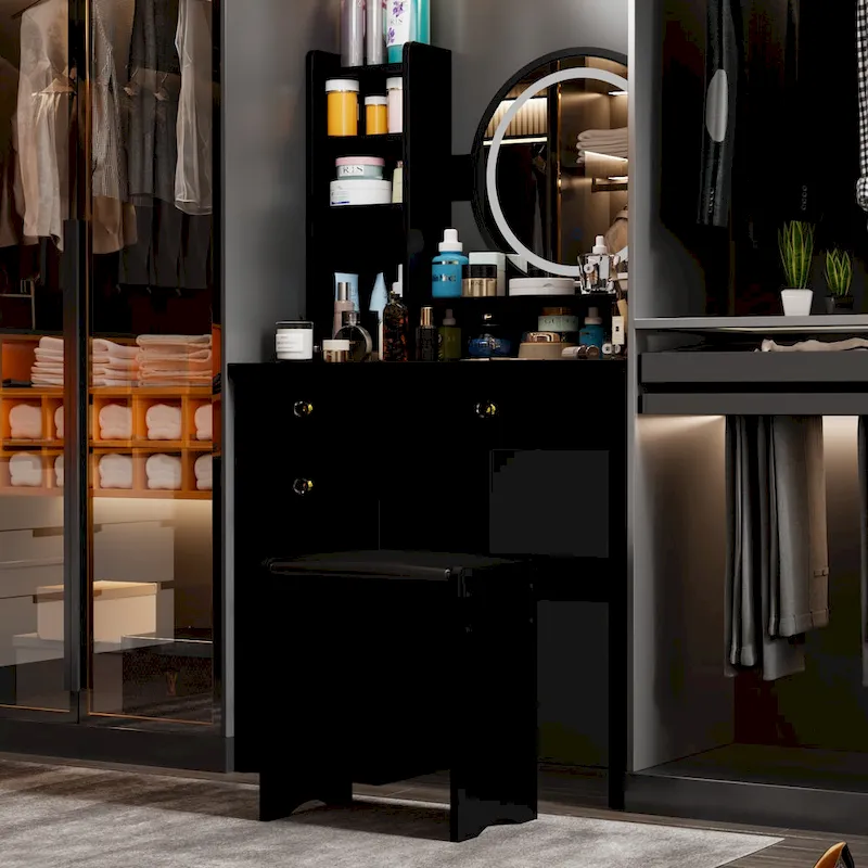 5-Drawers Makeup Vanity Table Set with Lighted Mirror (PINK/BLACK)