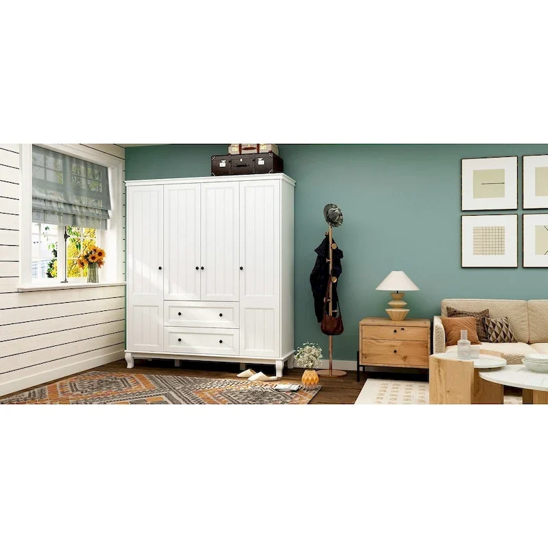 Home Traditional 2 Drawer Freestanding Wood Armoire in White Lacquer - 63 Wx71.3