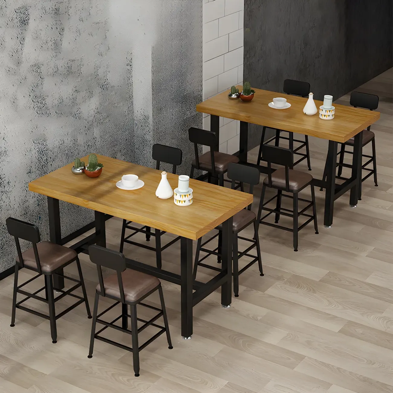 Rectangular Iron Frame Trestle Wood Bar Table with Footrest