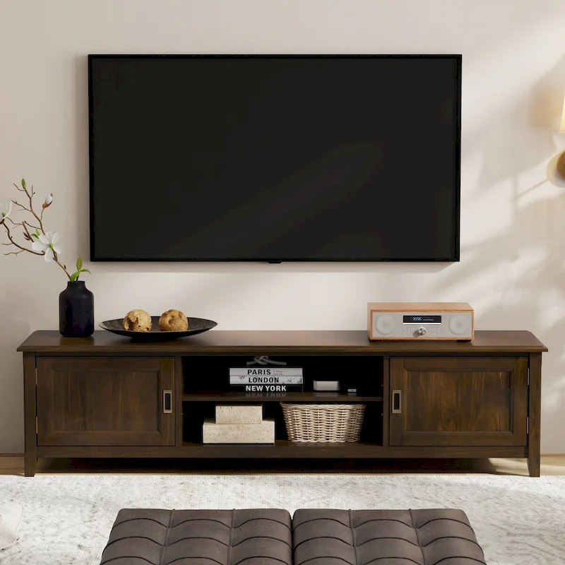 WYNDENHALL Portland SOLID WOOD 72 Wide Transitional TV Media Stand in Mahogany Brown For TVs up to 80 - 17 D x 72 W x 20 H