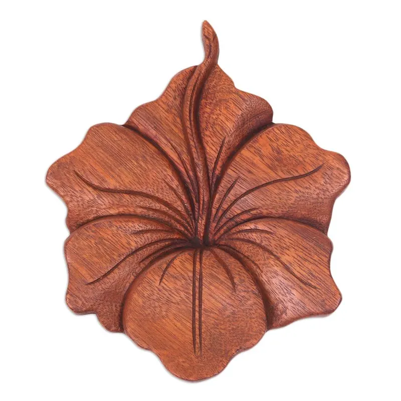 Wood Relief Panel, 'Single Hibiscus' (Indonesia) - 6.75  H x 5.75  W x 1  D