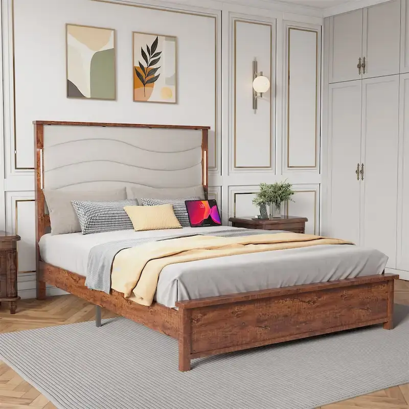 King Size Bed Frame with Upholstered Headboard, Charging Station