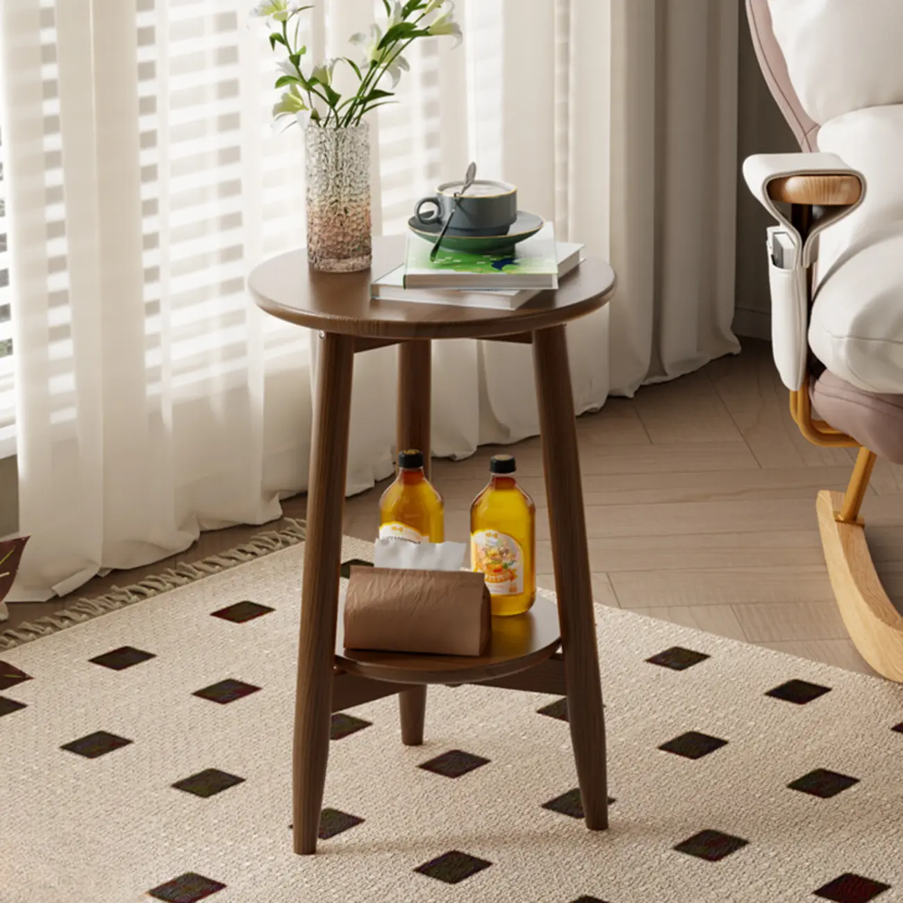 Compact Round Wooden 2-Tier Tripod Base Side Table