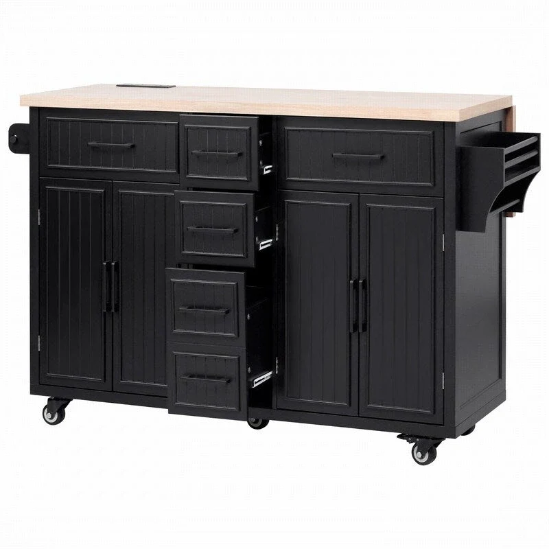 56.5 Kitchen Island with Drop Leaf and Charging Station, Rolling Kitchen Cart on Wheels with Drawers and Adjustable Shelves