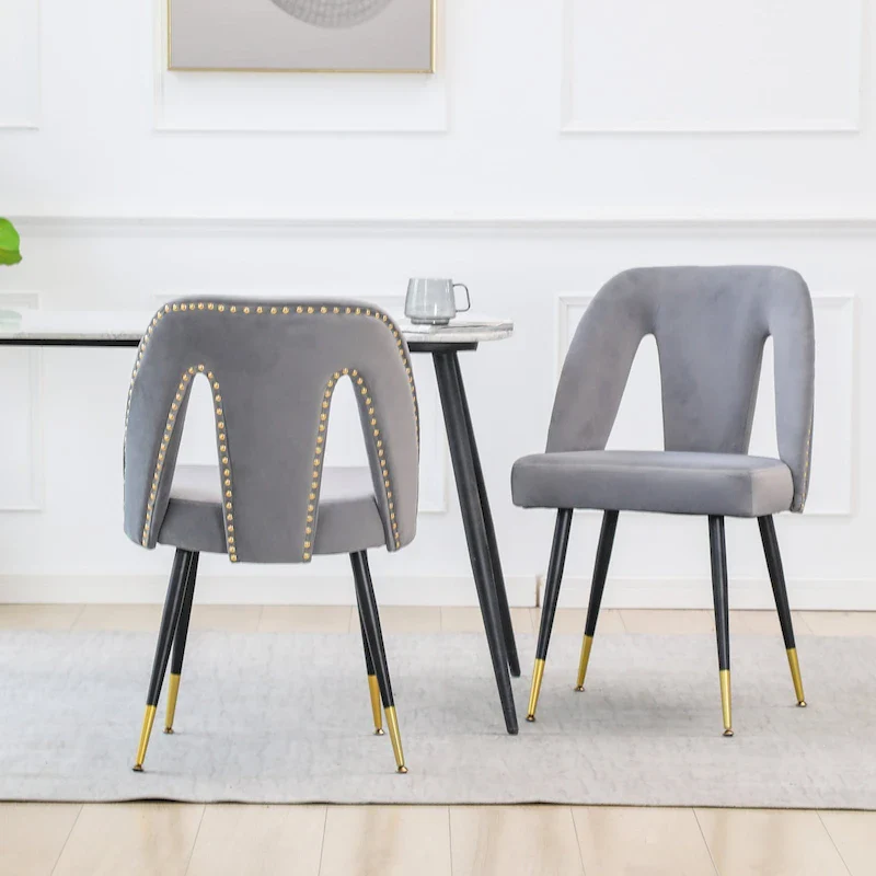 Set of 2 Modern & Contemporary Upholstered Dining Chairs with Nailheads and Metal Legs
