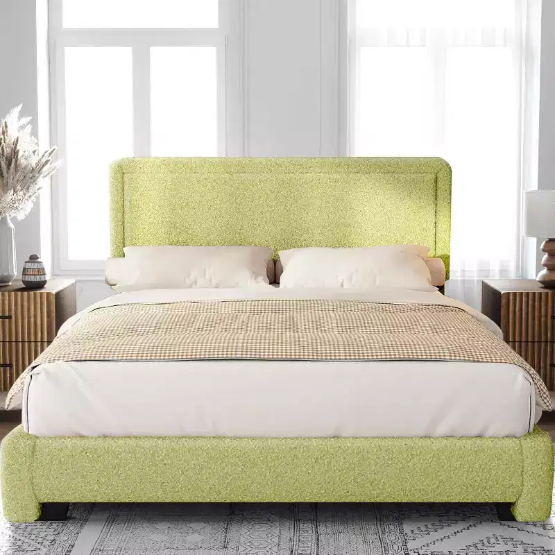 Dyonery Boucle Bed Frame,Black Upholstered Teddy Fabric Bed Frame with Headboard,No Box Spring Required, Adjustable Headboard, Easy Assembly