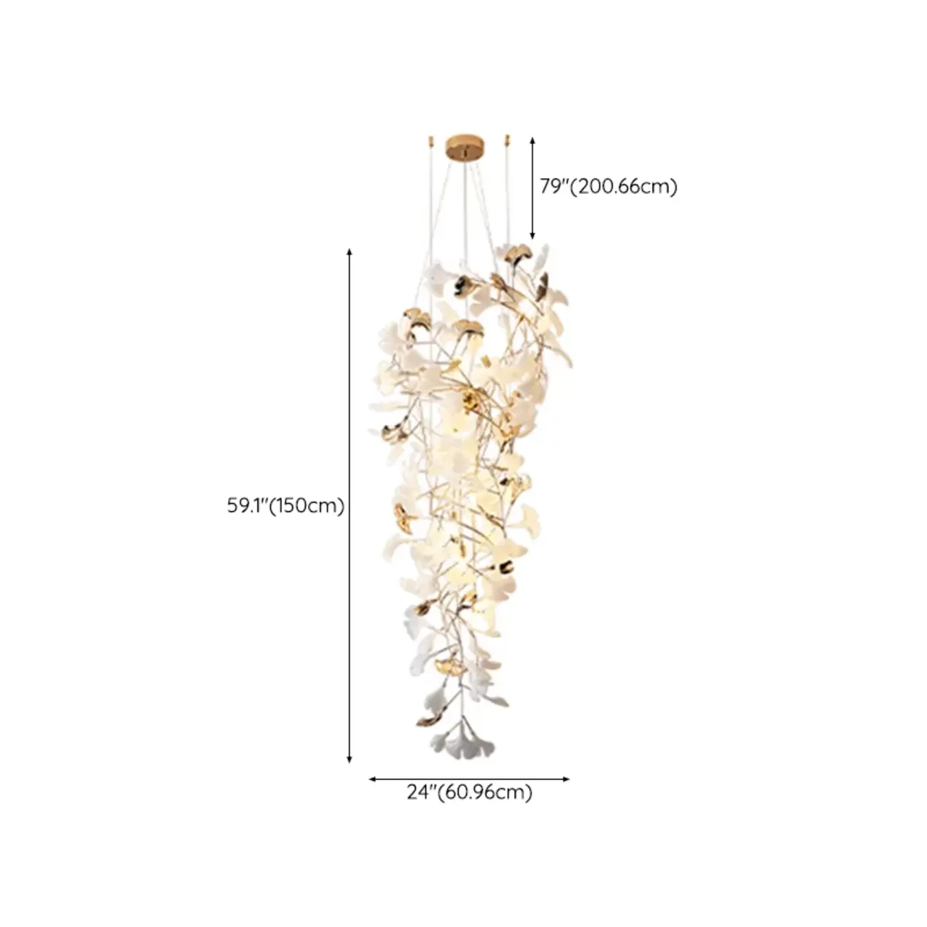Elegant White Ginkgo Leaf Golden Stairwell Chandelier