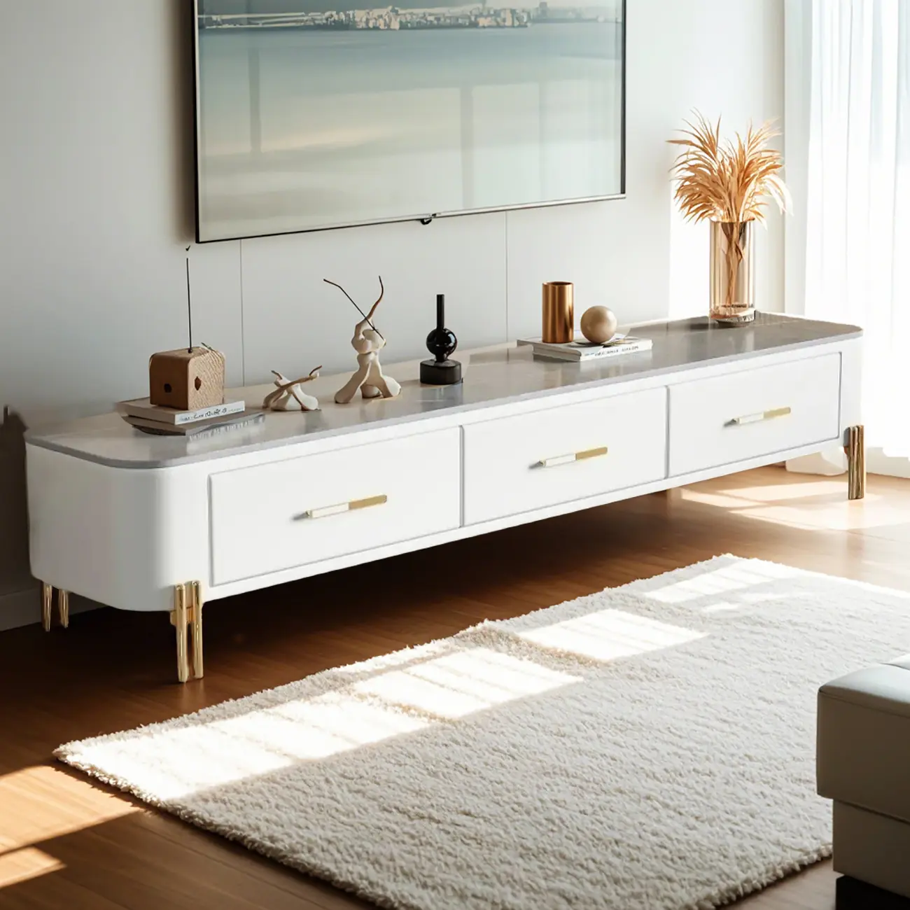Contemporary 3-Drawer Stone Grey TV Stand with Gold Legs