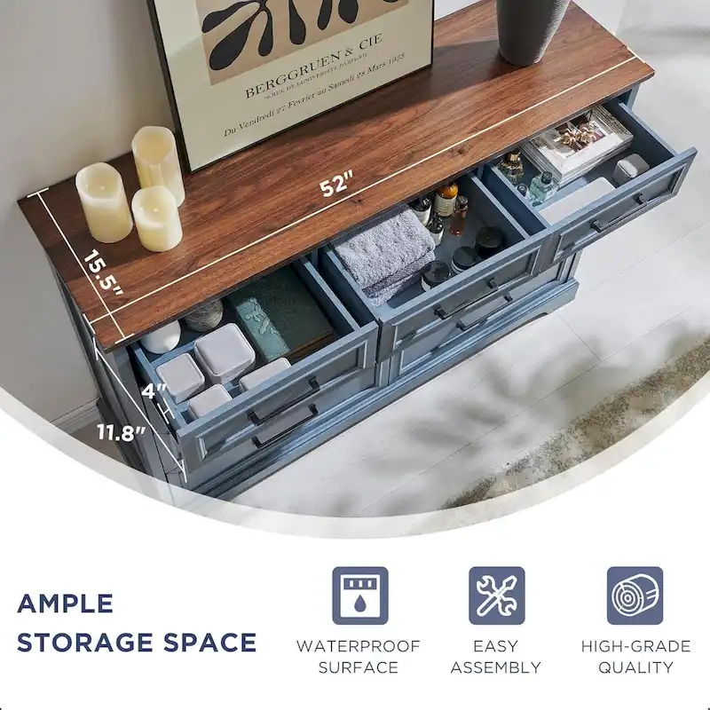 9-Drawer Dresser, Farmhouse, Blue/Grey/Brown/Off White/Black, Engineered Wood