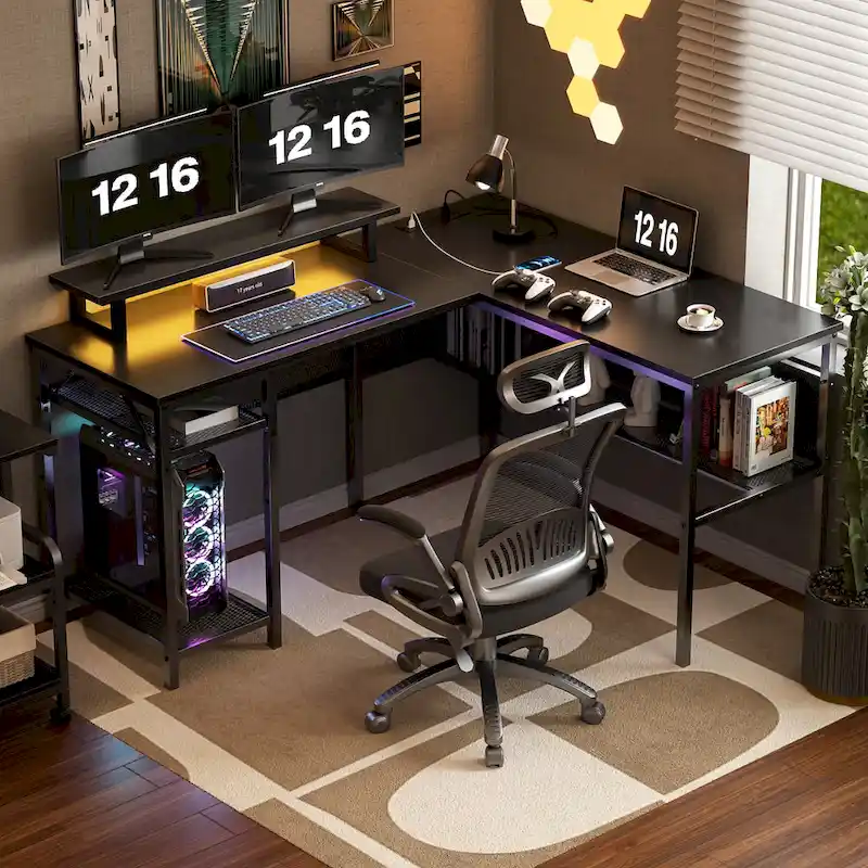 Computer Desk L-shaped Desk with Power Outlets and RGB LED and Monitor Stand