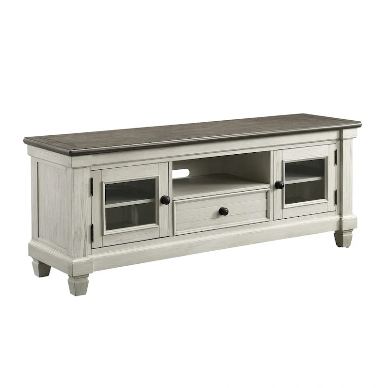 Rome 64 Inch TV Media Entertainment Console, White, Brown, Solid Wood