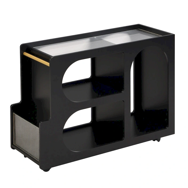 31.5 Modern Mobile End Table with 5mm Thick Fluted Tempered Glass, Lockable Wheels and Golden Round Rod