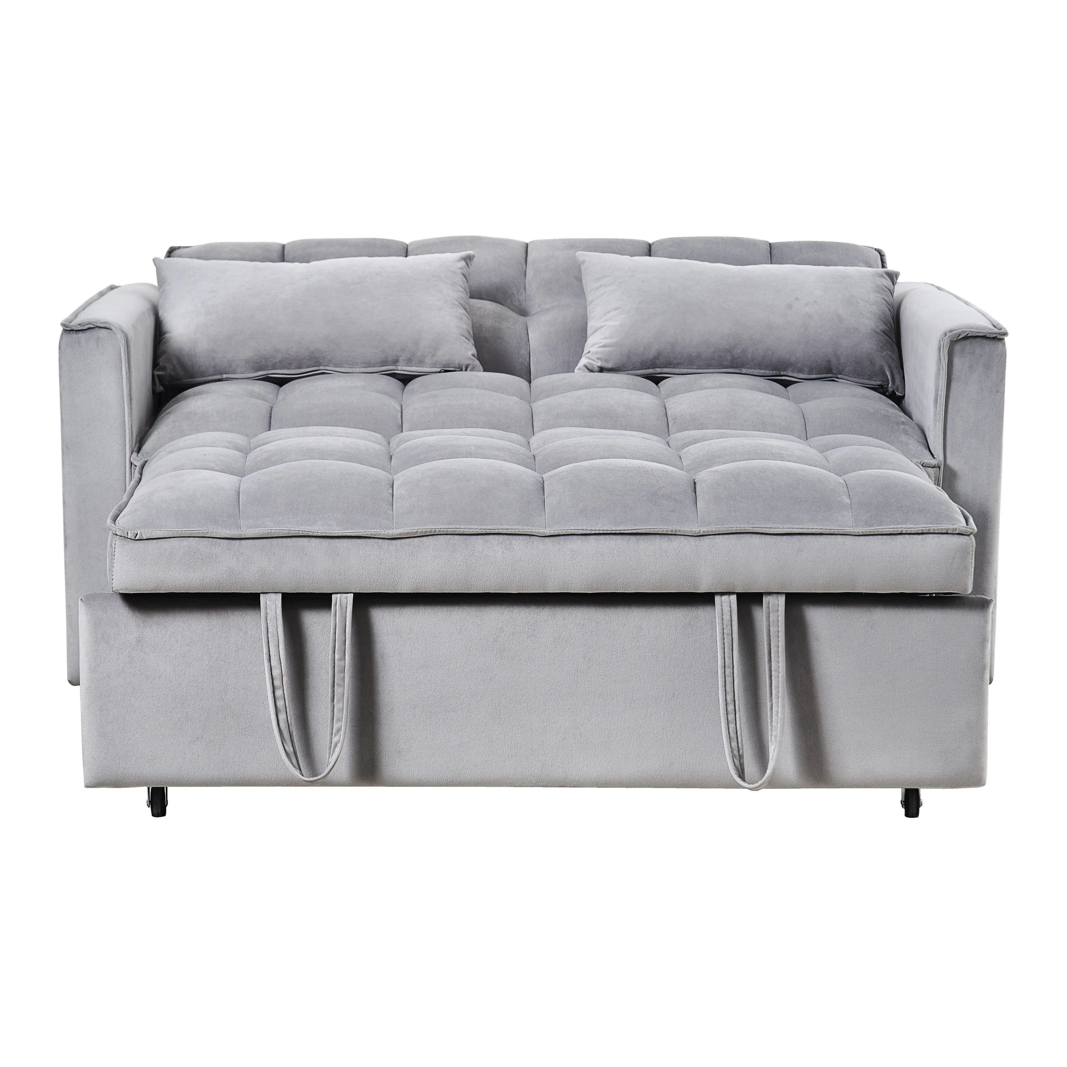 Modern Pull-Out Couch Bed, 3-in-1 Sleeper Sofa with Adjustable Backrest, Velvet Loveseat, Pillows & Side Pockets