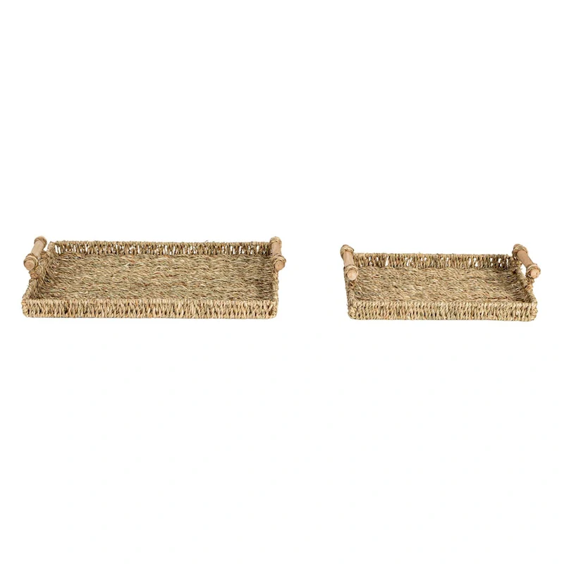 Household Essentials Handwoven Seagrass Tray Set with Wood Handles, Set of 2 - 15.7 L x 9.8 W x 3.1 H