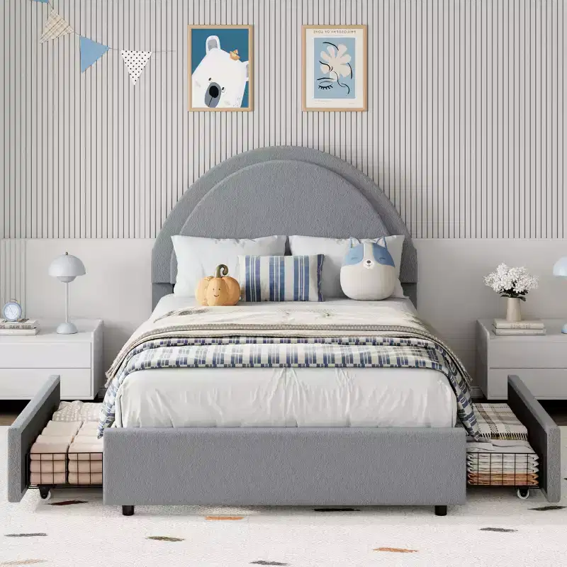 Double Bed Frame with Padded Bed Ring and Lambswool Headboard Platform, Cloud-Like Bed Frame with Soft Rounded Corners, Easy to Assemble