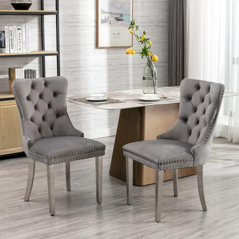 Set of 2 Velvet Dining Chairs with Nailhead Trim and Chrome-Plated Stainless Steel Legs