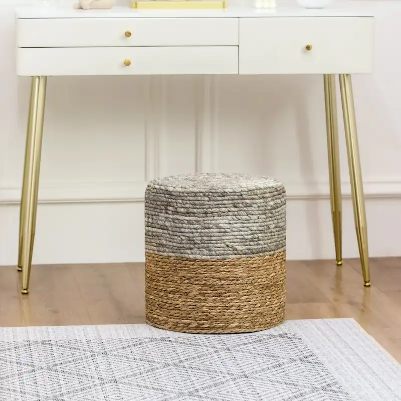 Adeco Round Ottoman Natural Cattail Hand Weave Foot Stool