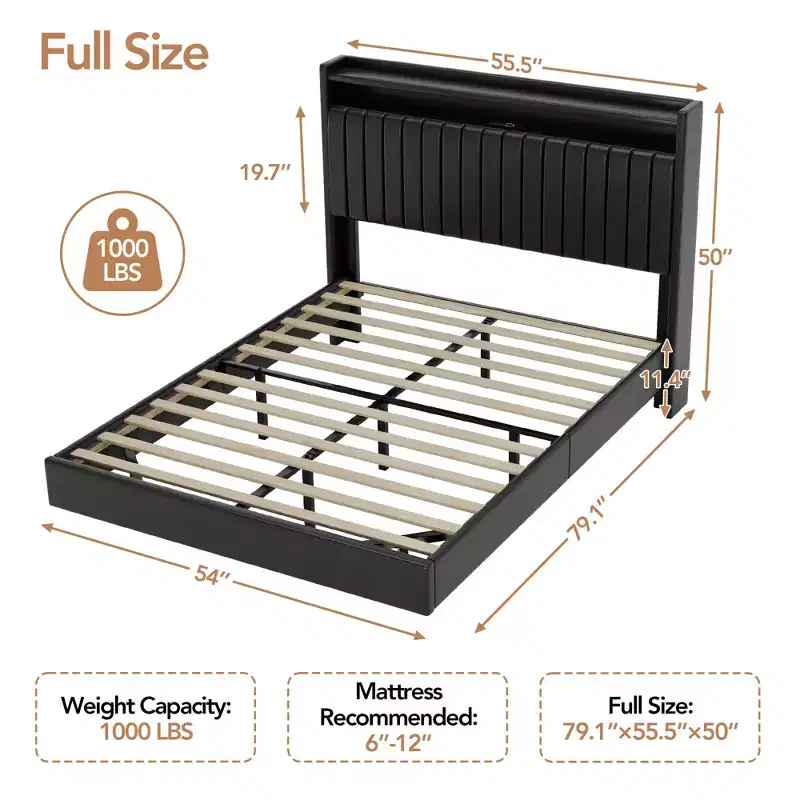 GustoWave Floating Bed Frame, with LED Lights & Charging Station
