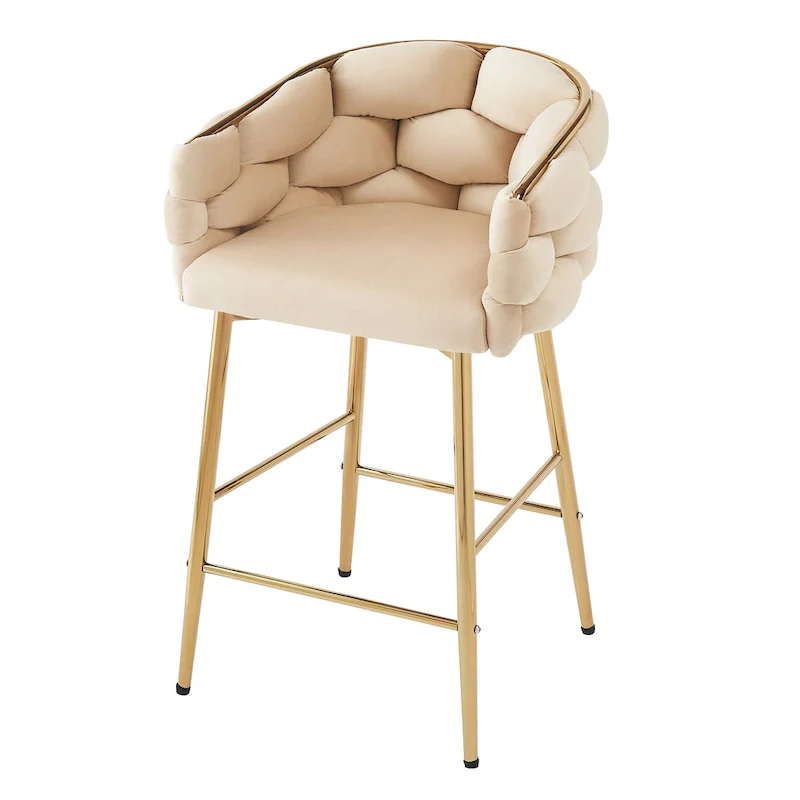 Set of 2 Bar Stools with Velvet Padded Seat and Metal Legs