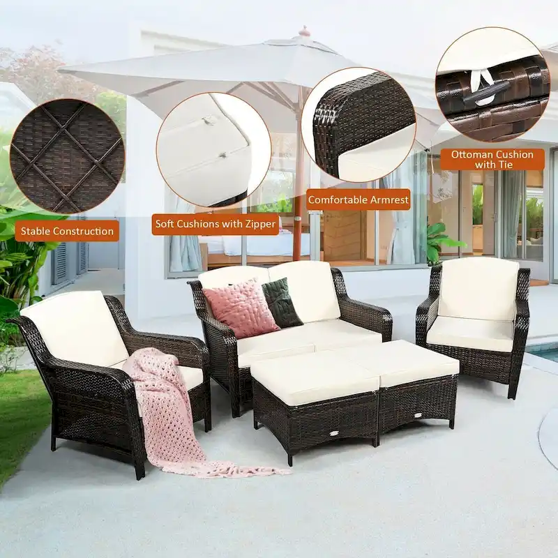 5 Pieces Patio Rattan Sofa Set with Cushion and Ottoman - 51 x 33.5 x 33 (L x W x H)