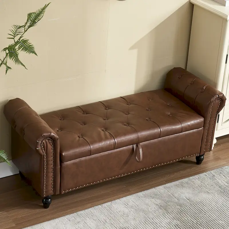 55.12 Upholstered Fabric Storage Ottoman Bench, Button Tufted Design, 275lbs Capacity for Living Room or Bedroom