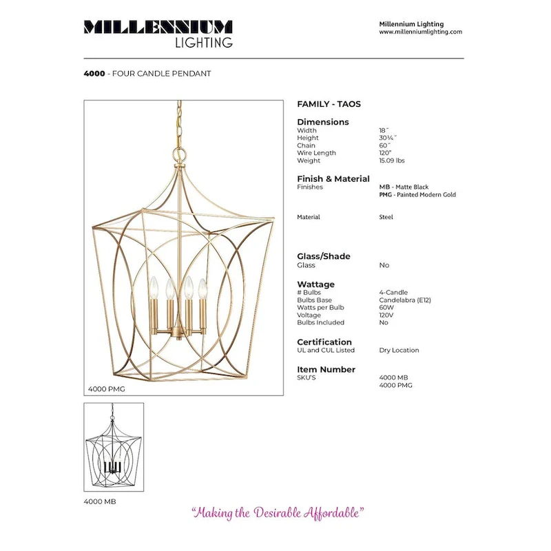 Millennium Lighting Tracy Pendant light in Matte Black