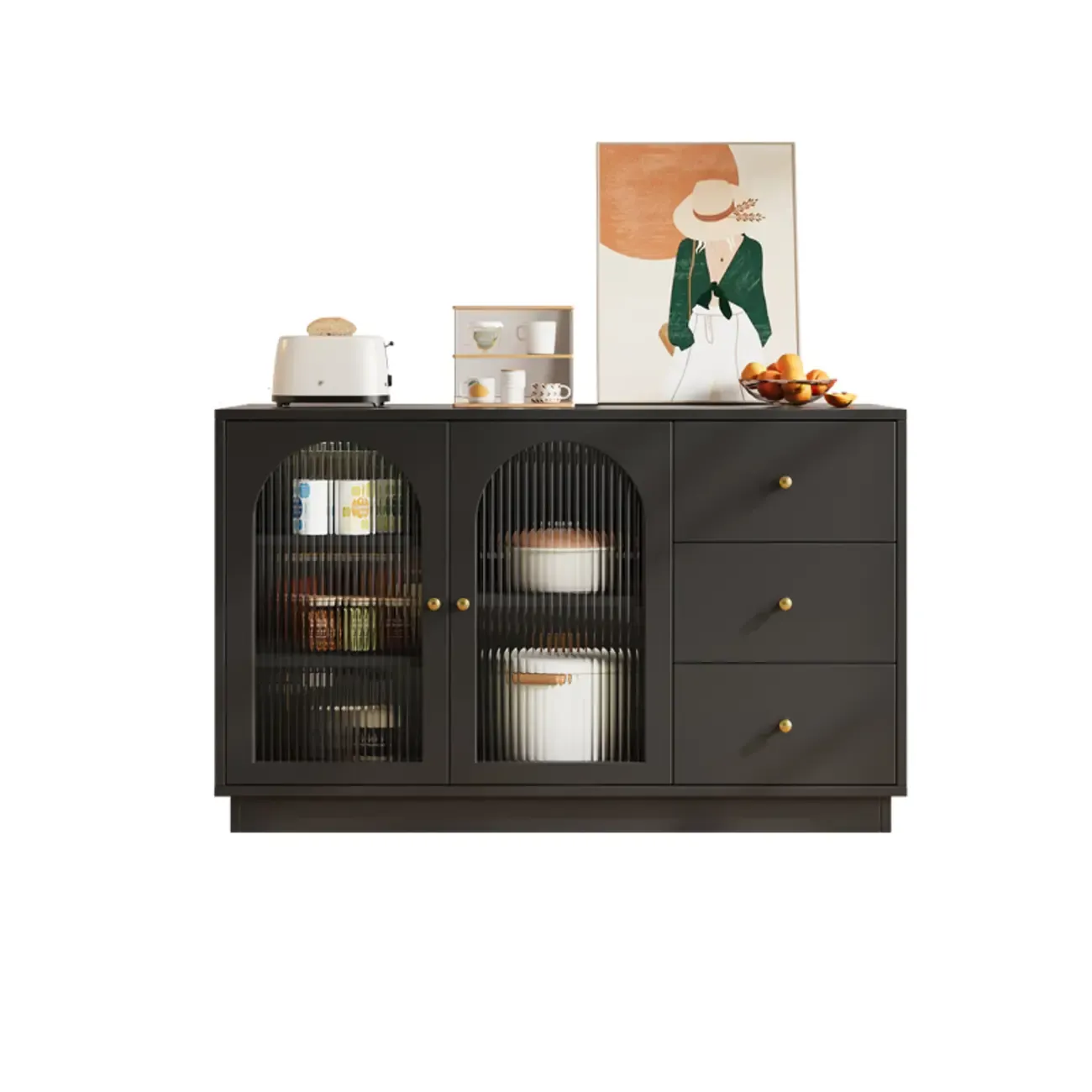 Elegant Adjustable Arched Glass Wood Buffet Cabinet with 3 Drawers