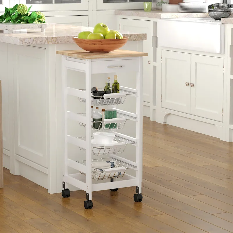 32.25 Wooden Rolling Kitchen Storage Cart on 360-deg Swivel Wheels with Ample Storage Space & Solid Structure