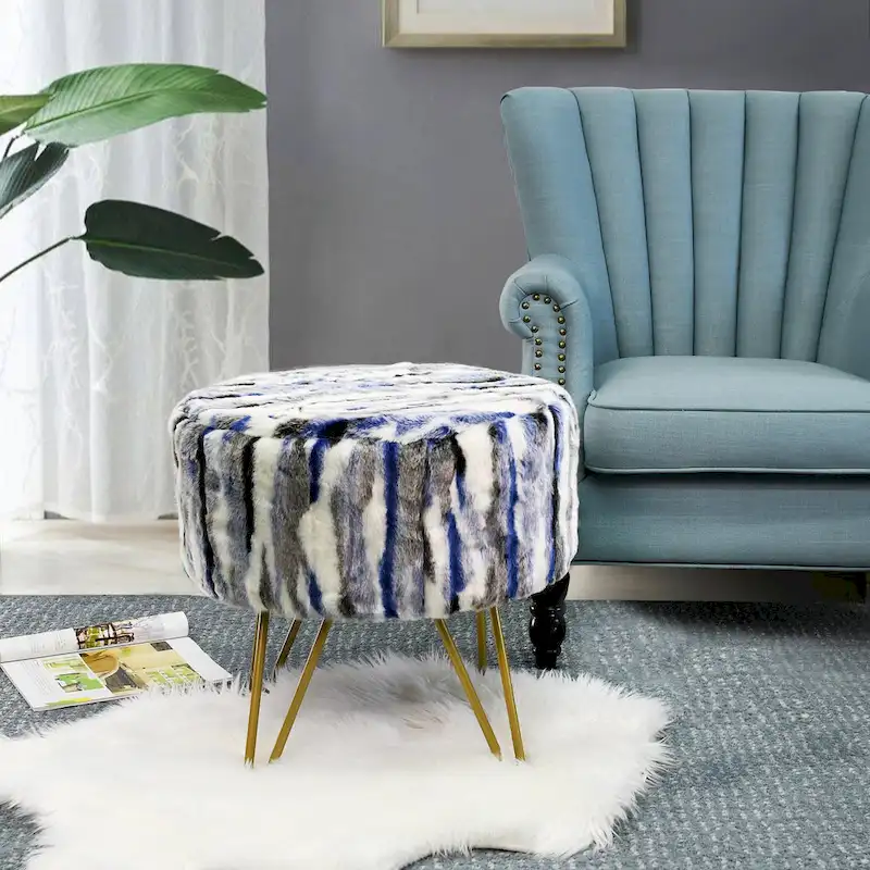 Home Soft Things Multi Jacquard Fauxfur Round Ottoman