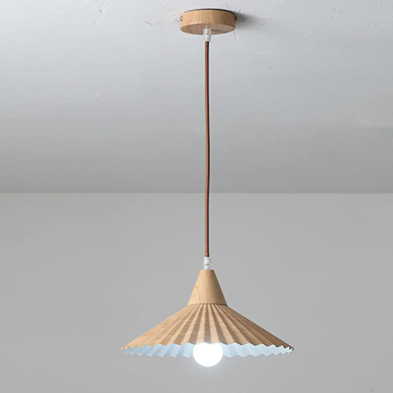 Modern Walnut Pleated Cone Pendant Light