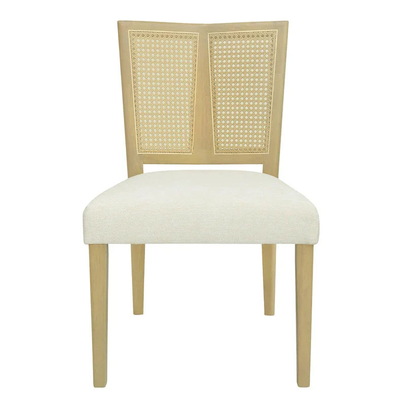 Mid-Century Rattan Back Upholstered Dining Chair Set of 2