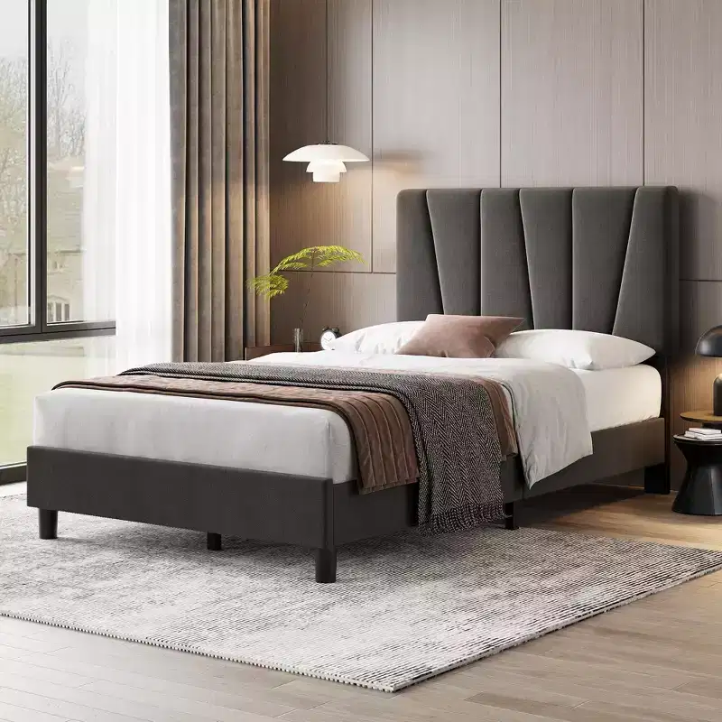 Twin/Full/Queen/King Size Bed Frame with Adjustable Headboard, Linen Upholstered Platform Bed Frame with Strong Wooden Slats