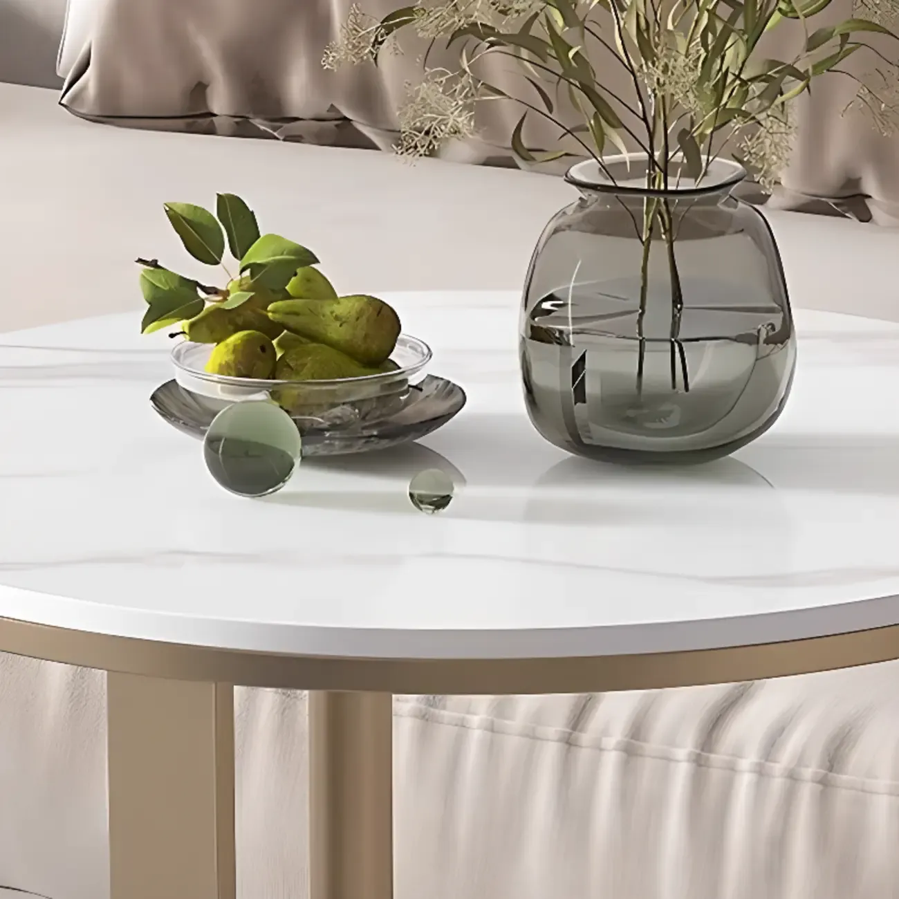 Modern C Shaped Round Sintered Stone Top Steel End Table