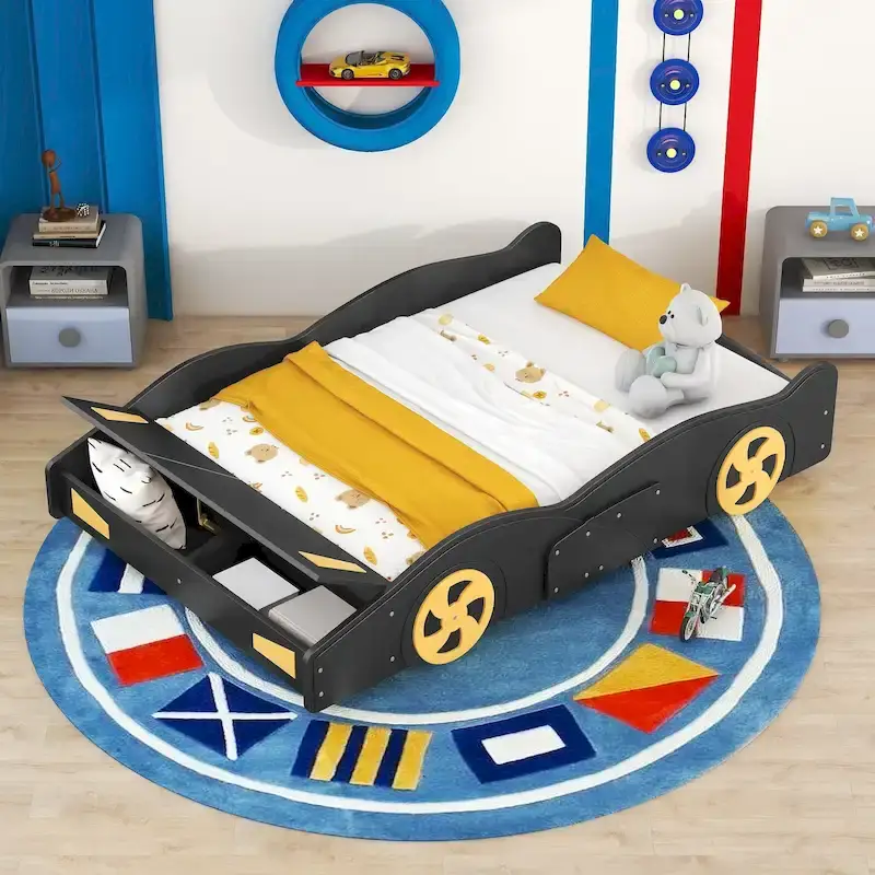 Pine Race Car Bed with Wheels & Storage