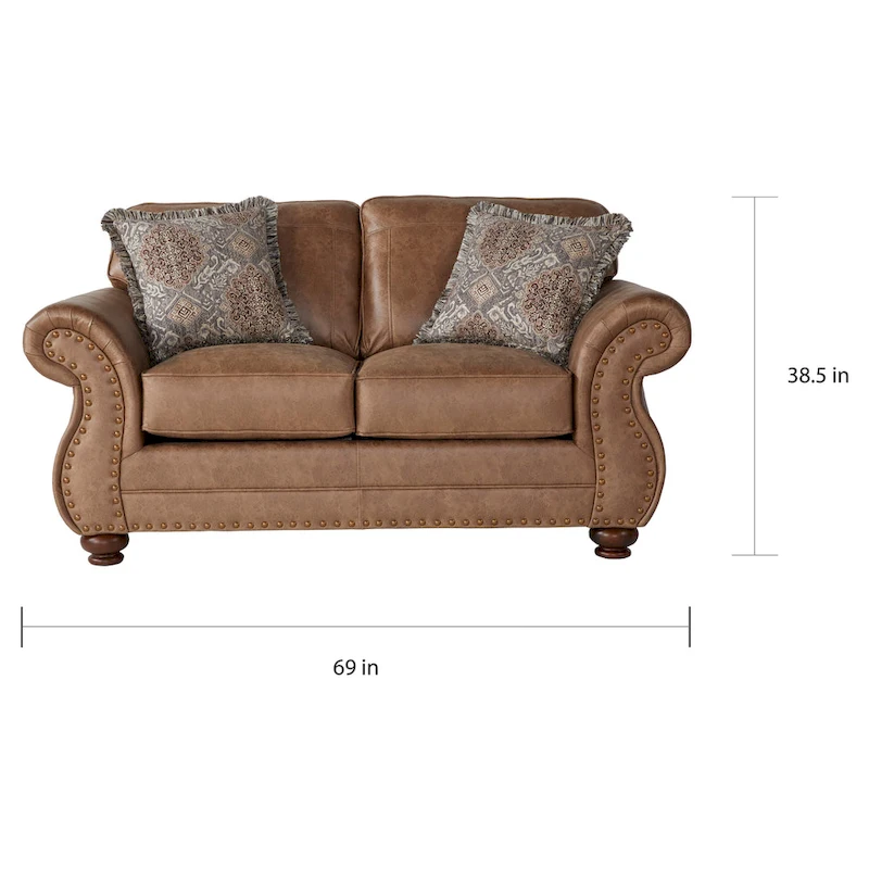 Roundhill Furniture Leinster Brown Fabric Nailhead Trim Sofa and Loveseat