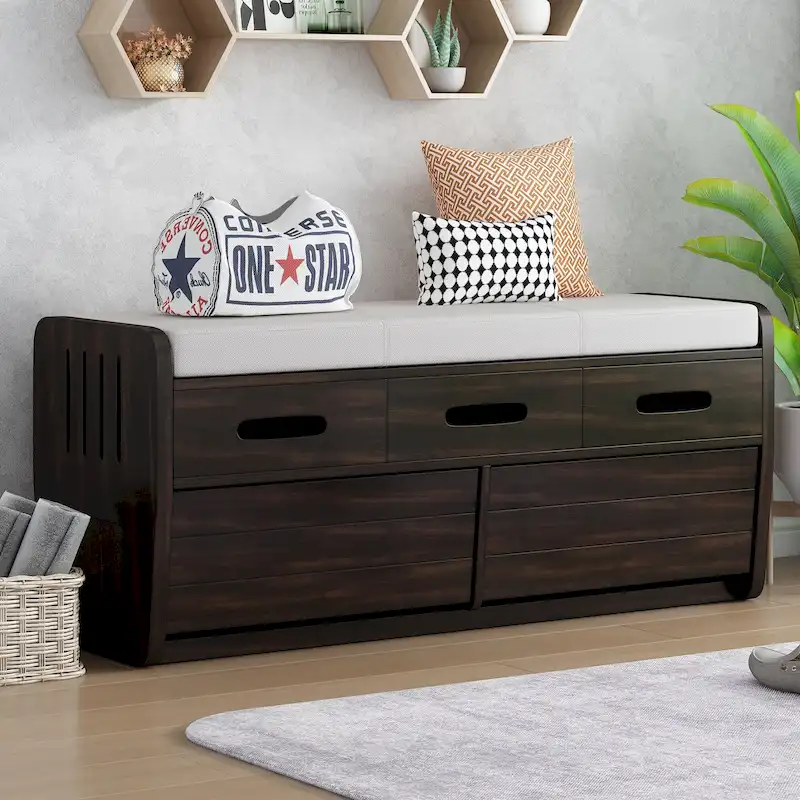 Rustic Storage Bench with 2 Drawers, Hidden Storage Space, and 3 False Drawers at the Top